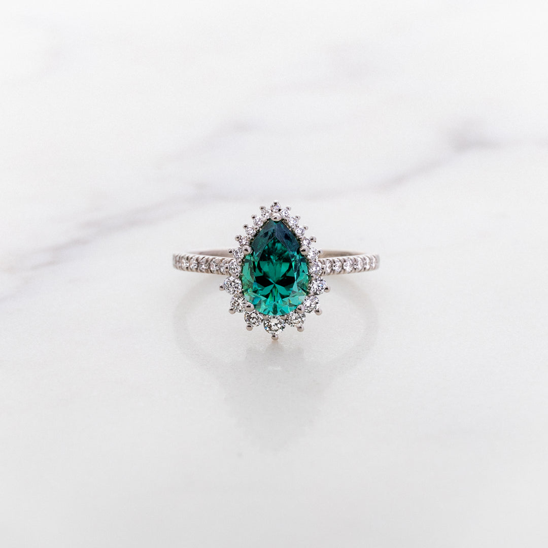 Pear Cut Green Moissanite Halo Ring