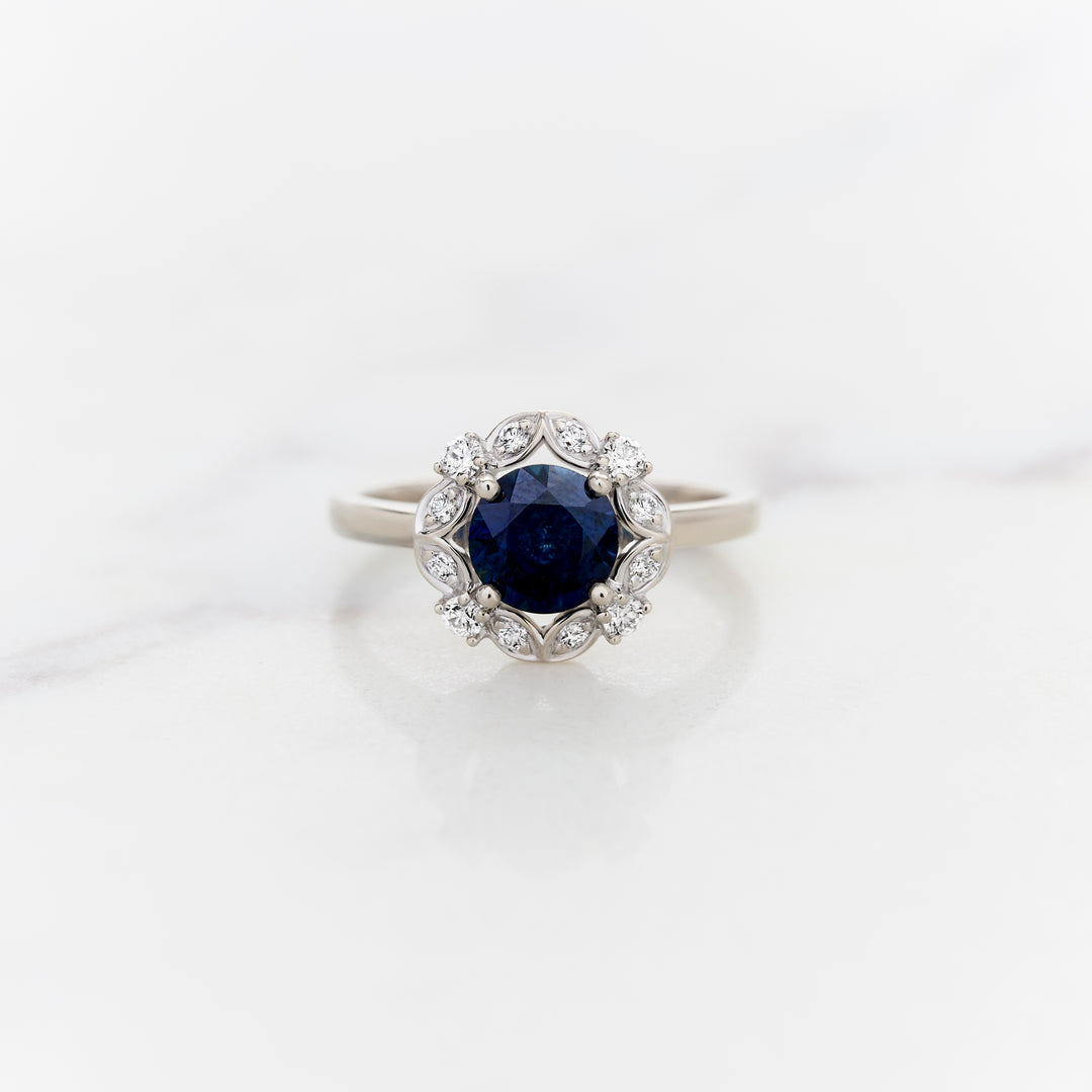 Round Blue Sapphire with Lacy Halo Ring