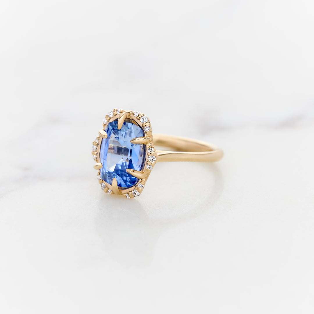 Elongated Cushion Cut Sapphire Ranunculus Halo