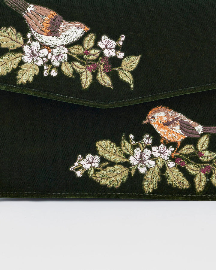 Eliza Wren Embroidered Top Handle Purse in Green Velvet