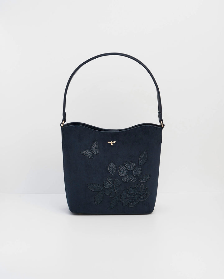 Margot Floral Applique Bucket Purse in Navy Suede