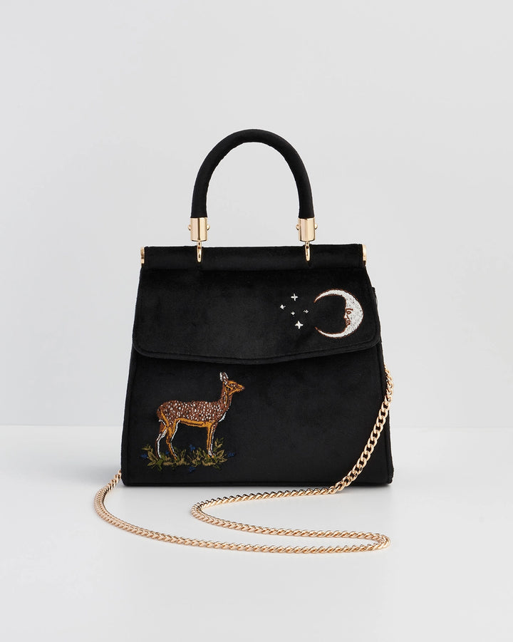 Fable Deer & Moon Embroidered Black Velvet Tote