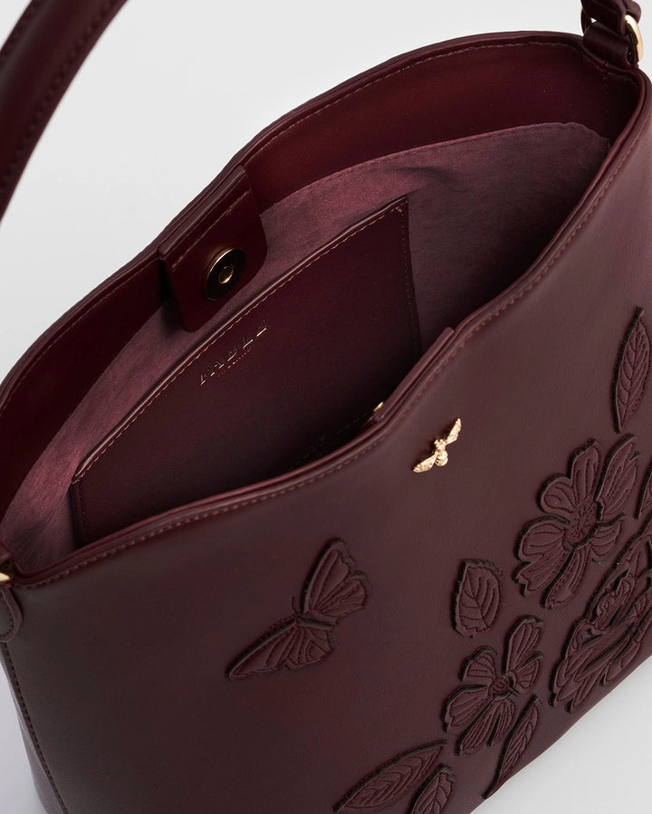 Floral Applique Margot Bucket Purse in Burgundy