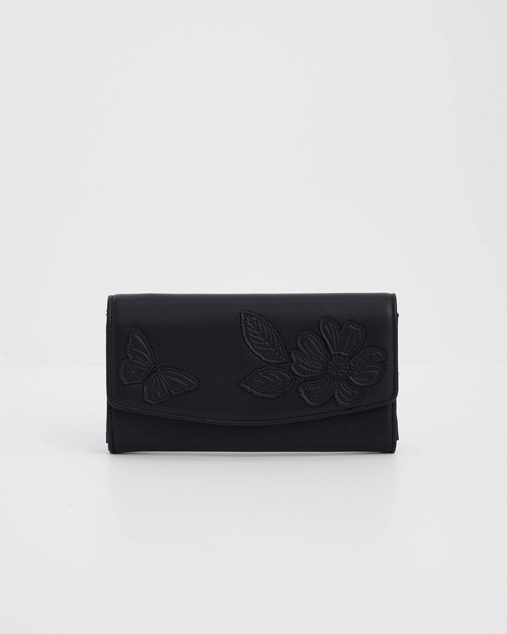 Floral Applique Long Wallet in Navy