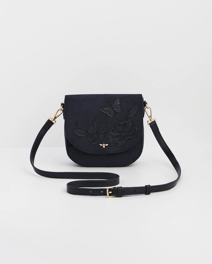 Beth Floral Applique Saddle Bag in Navy Suedette