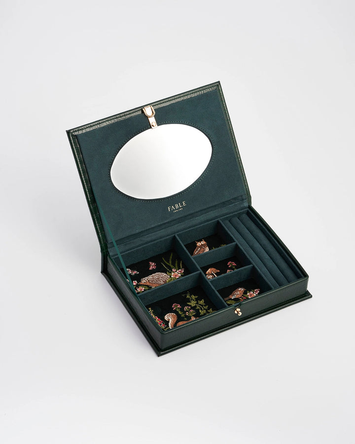 Meadow Scene Embroidered Large Jewelry Box in Forest Green