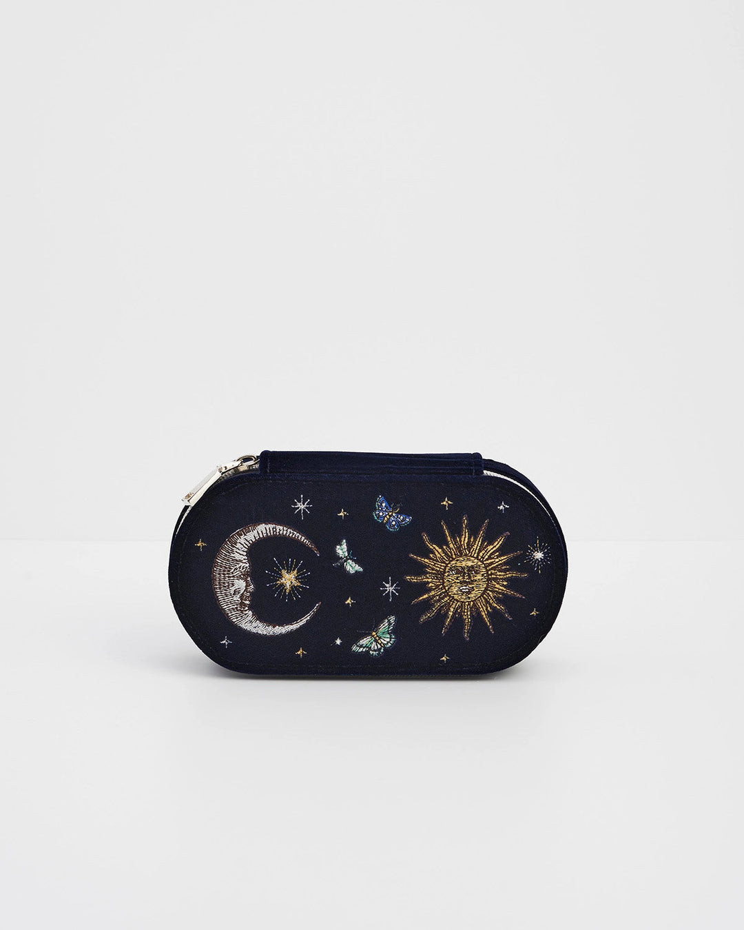 Night Sky Embroidered Oval Jewelry Box in Navy Velvet
