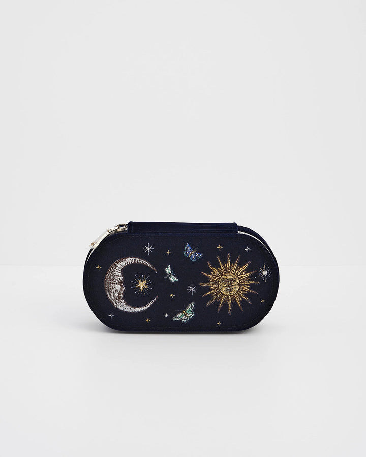 Night Sky Embroidered Oval Jewelry Box in Navy Velvet
