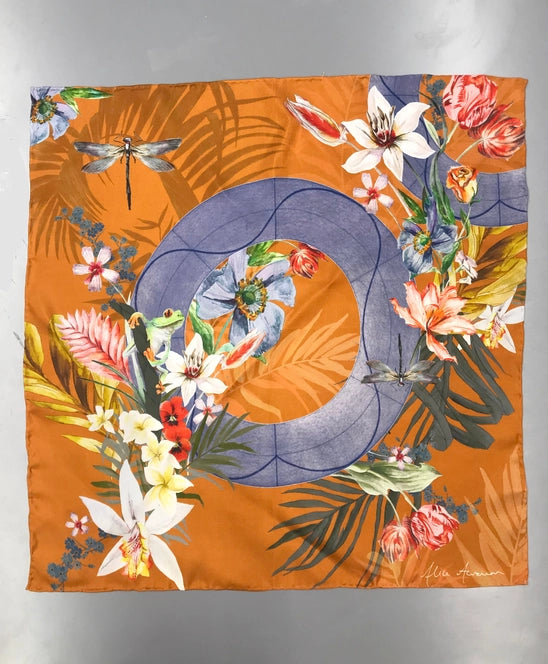 Rust Luxury Silk Square Handkerchief 'Eden' Botanical Print