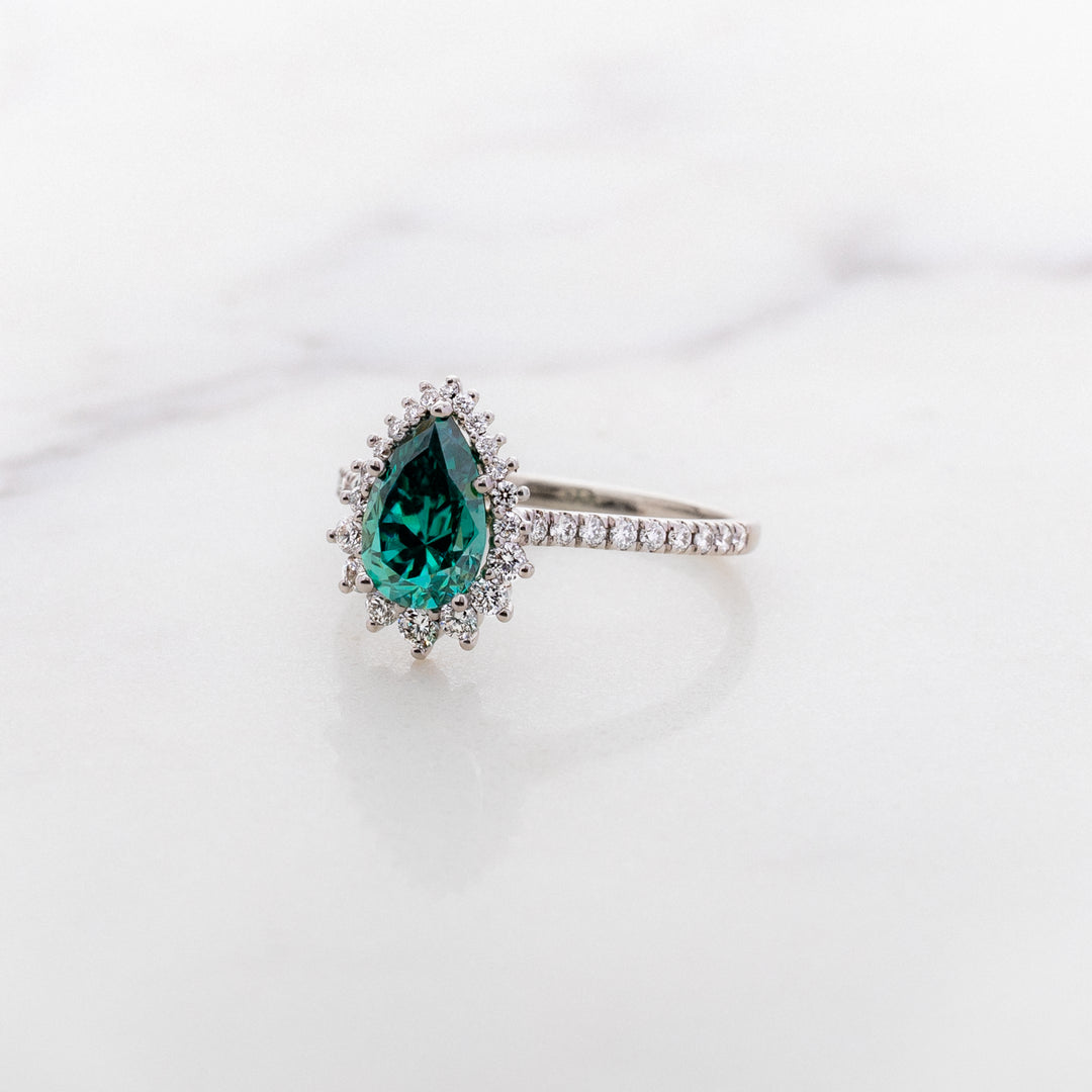 Pear Cut Green Moissanite Halo Ring