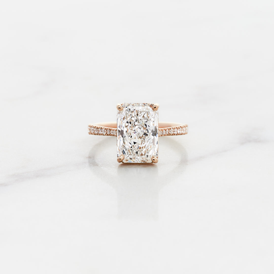 Rose Radiant Cut Solitaire with Diamond Band & Hidden Halo