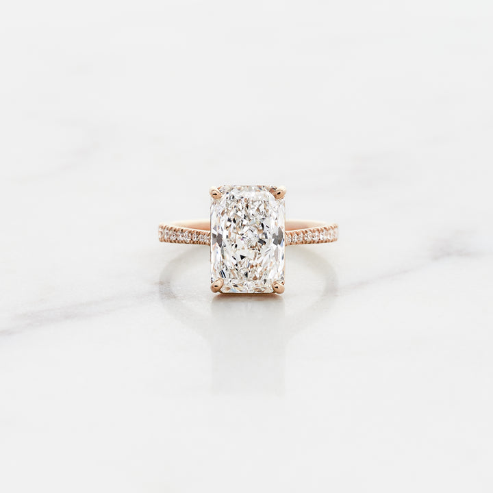 Rose Radiant Cut Solitaire with Diamond Band & Hidden Halo
