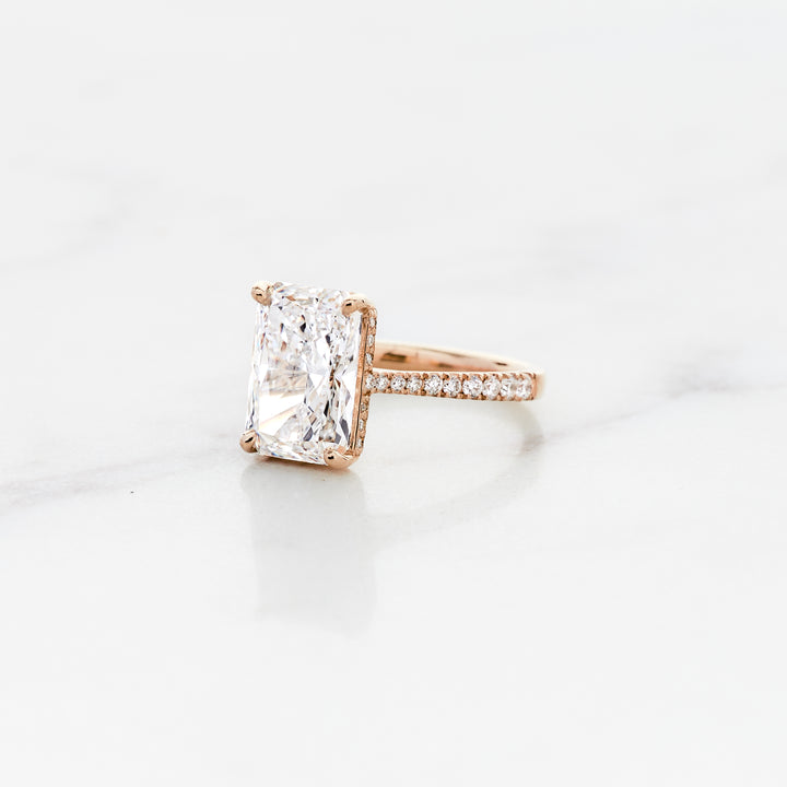Rose Radiant Cut Solitaire with Diamond Band & Hidden Halo