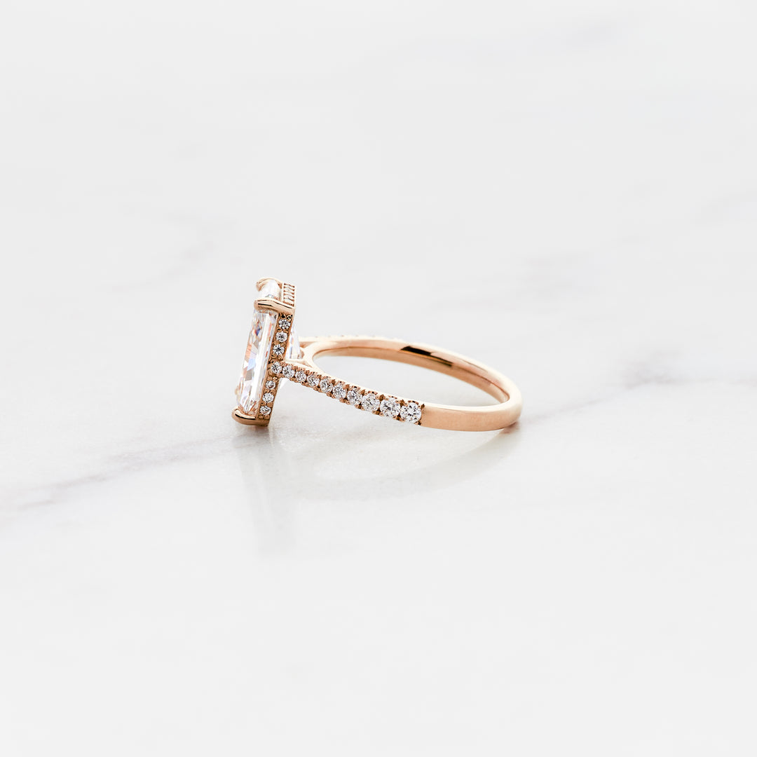 Rose Radiant Cut Solitaire with Diamond Band & Hidden Halo