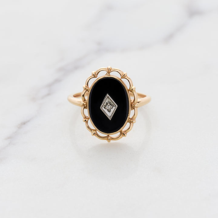 Vintage Black Onyx Ring with Filigree Frame