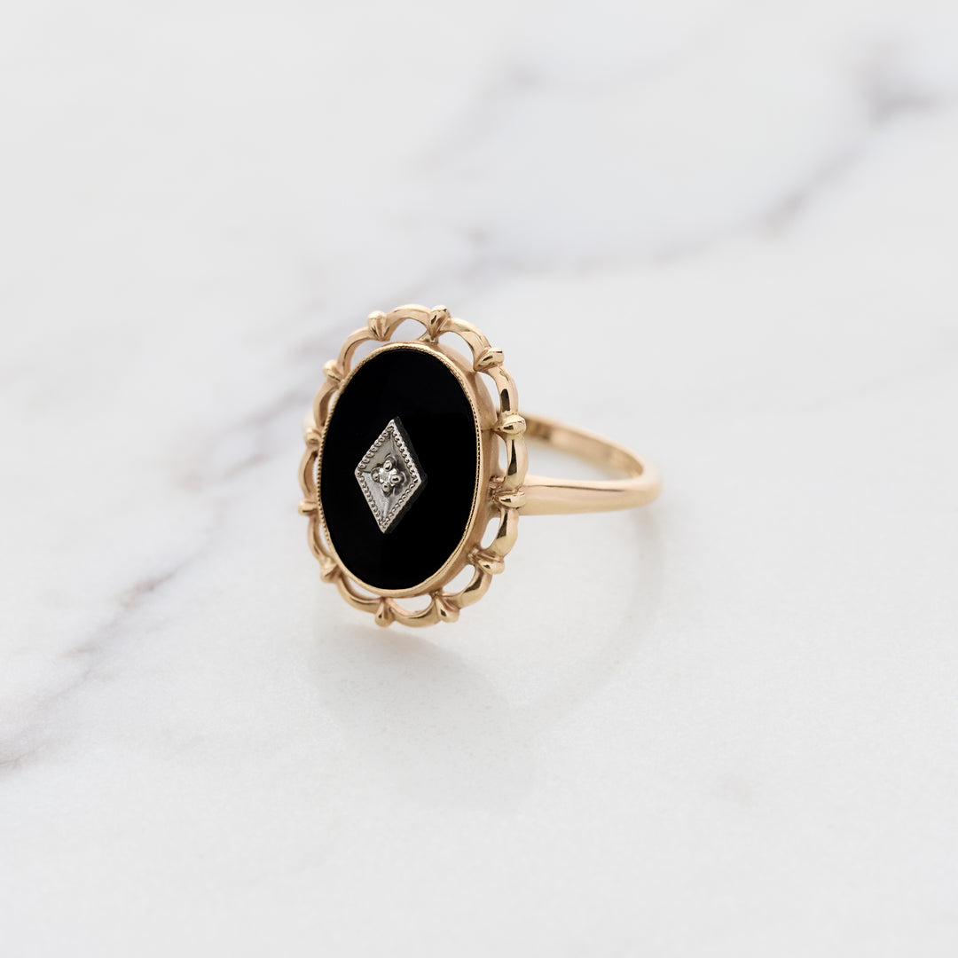 Vintage Black Onyx Ring with Filigree Frame