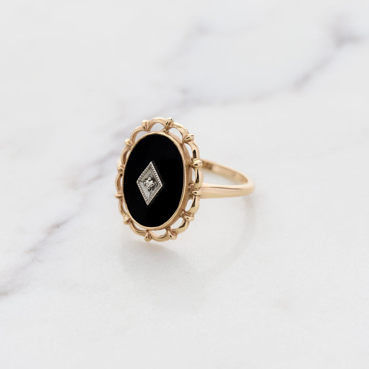 Vintage Black Onyx Ring with Filigree Frame