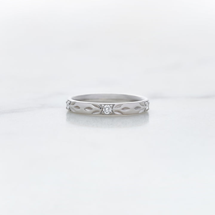 Custom Band with Diamond Stations and Leaf Engravings