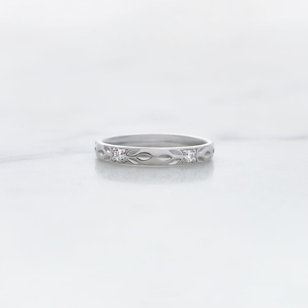 Custom Band with Diamond Stations and Leaf Engravings
