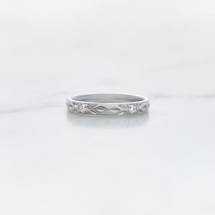 Custom Band with Diamond Stations and Leaf Engravings