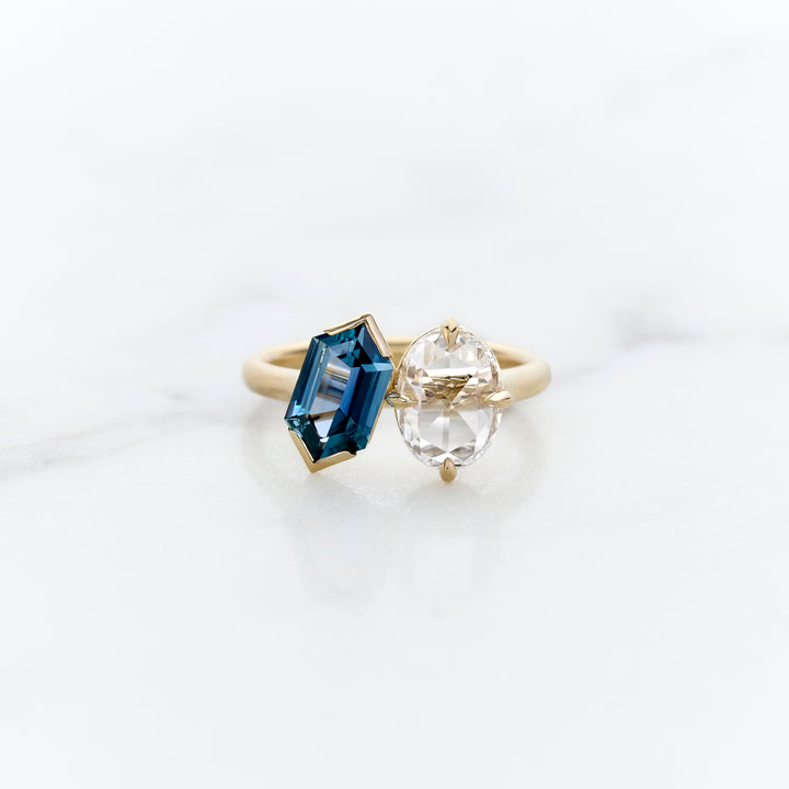Hexagonal Sapphire & Rose Cut Diamond Toi & Moi ring