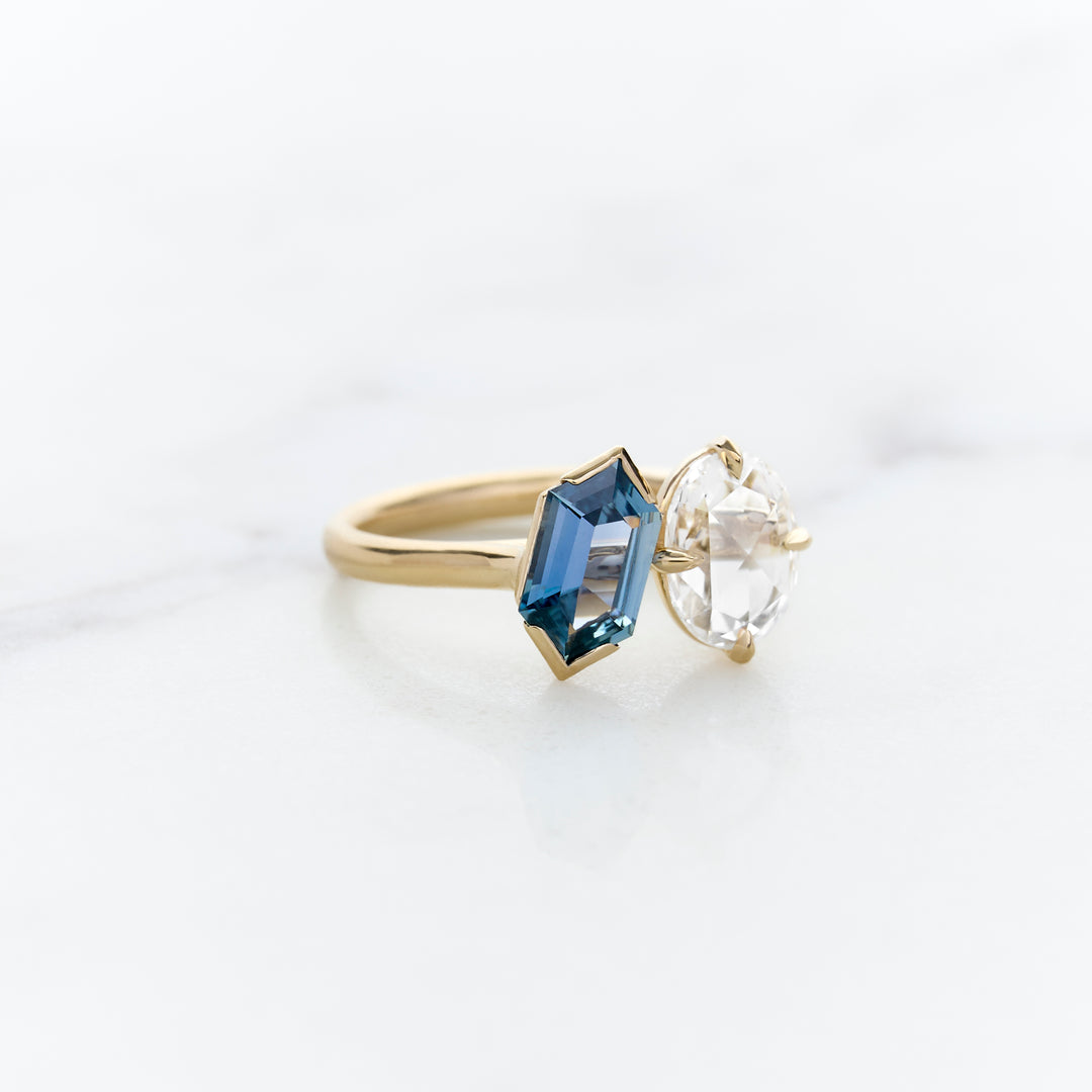 Hexagonal Sapphire & Rose Cut Diamond Toi & Moi ring