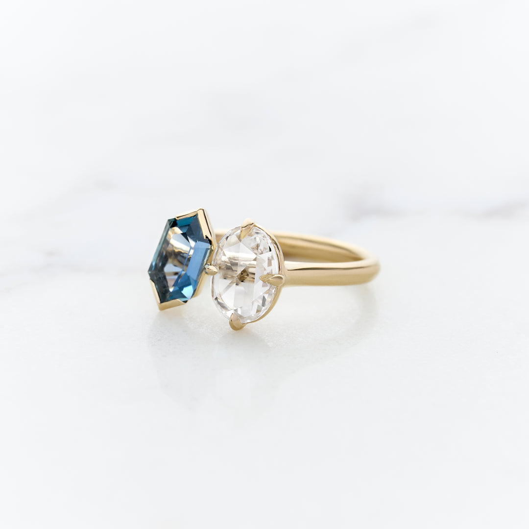 Hexagonal Sapphire & Rose Cut Diamond Toi & Moi ring