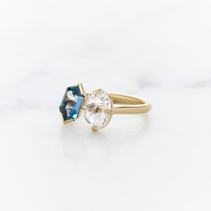 Hexagonal Sapphire & Rose Cut Diamond Toi & Moi ring