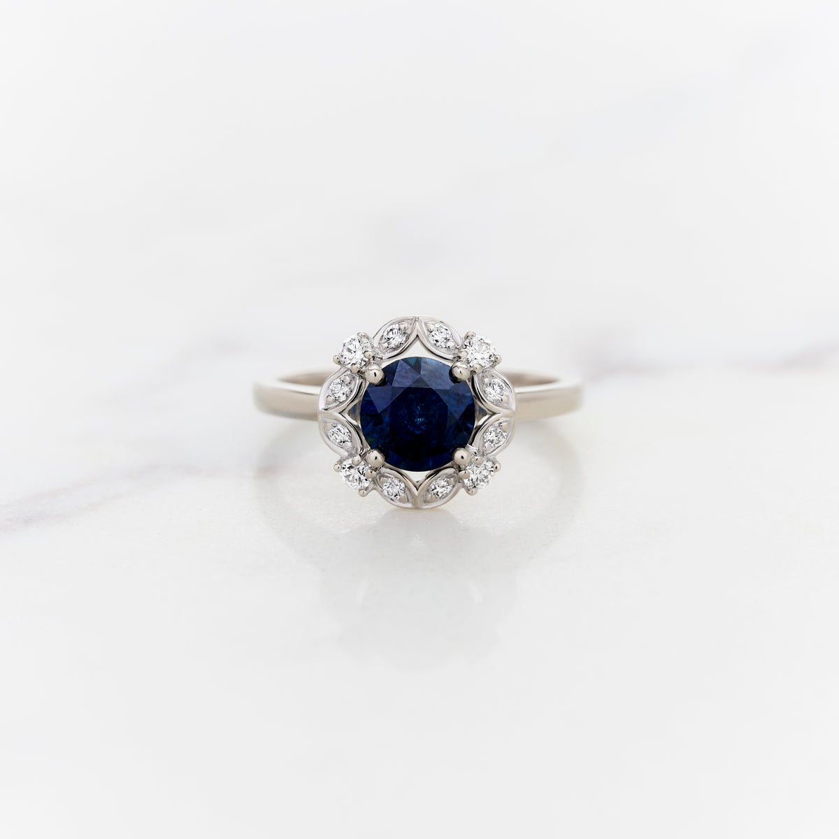 1.4ct Round Natural Blue Sapphire with Lacy Halo Ring