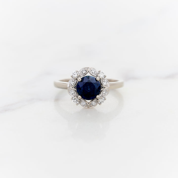 Round Blue Sapphire with Lacy Halo Ring