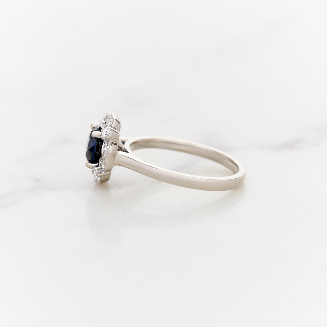 Round Blue Sapphire with Lacy Halo Ring