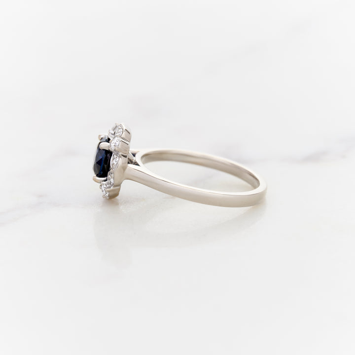 Round Blue Sapphire with Lacy Halo Ring
