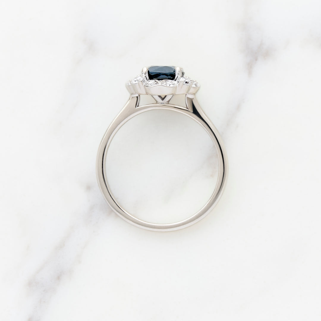 Round Blue Sapphire with Lacy Halo Ring
