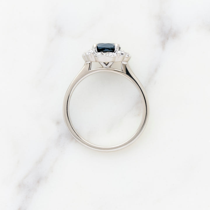 Round Blue Sapphire with Lacy Halo Ring