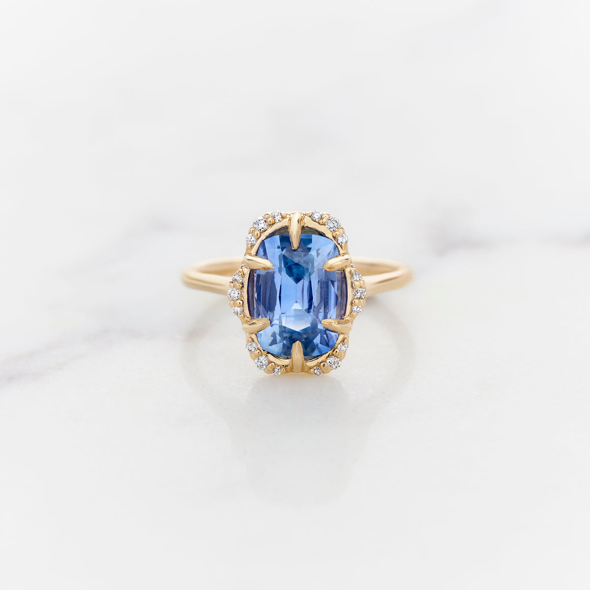 Elongated Cushion Cut Sapphire Ranunculus Halo
