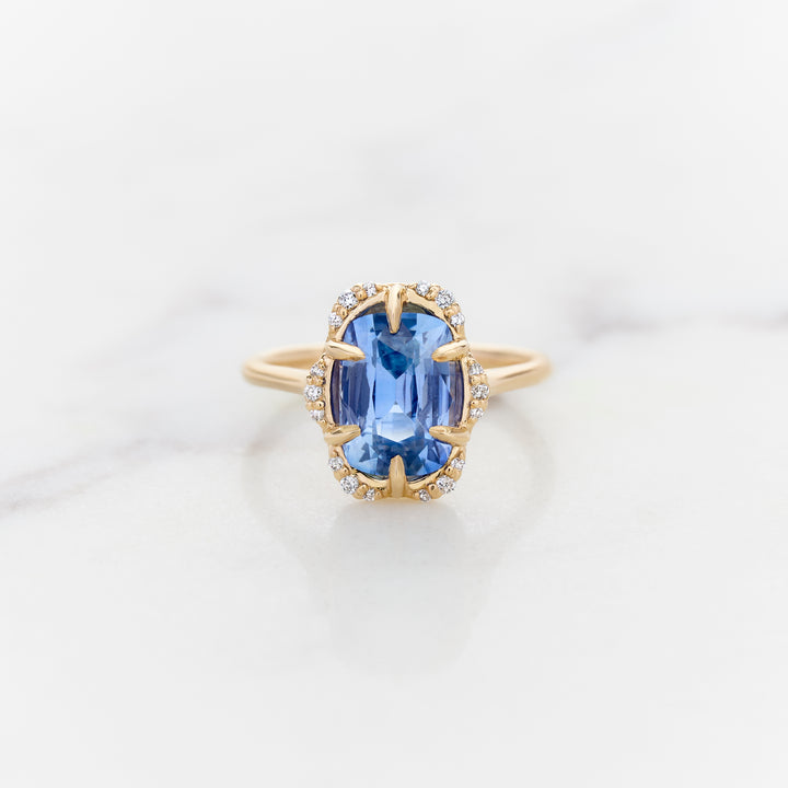 Elongated Cushion Cut Sapphire Ranunculus Halo