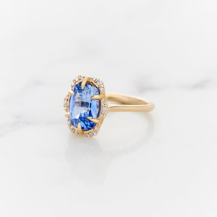 Elongated Cushion Cut Sapphire Ranunculus Halo