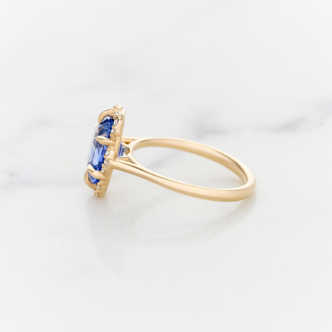 Elongated Cushion Cut Sapphire Ranunculus Halo