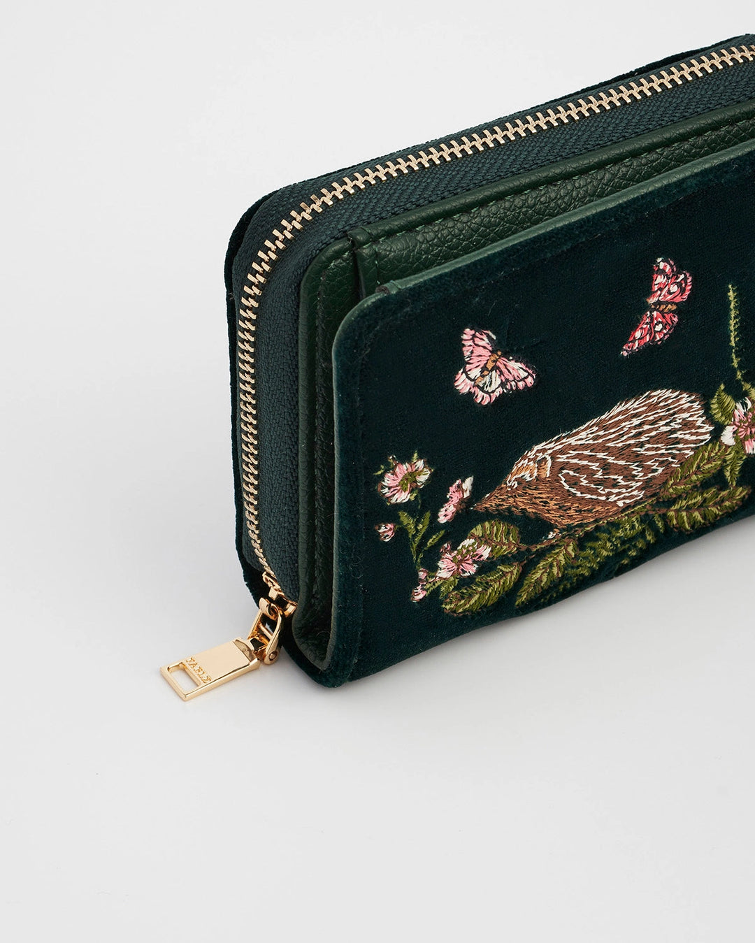 Hedgehog Embroidered Small Wallet in Forest Green Velvet