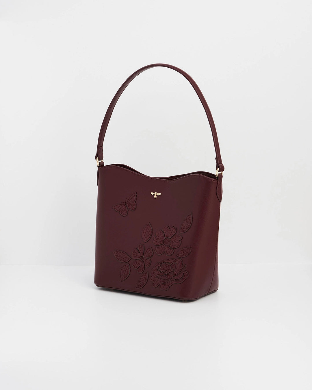 Floral Applique Margot Bucket Purse in Burgundy