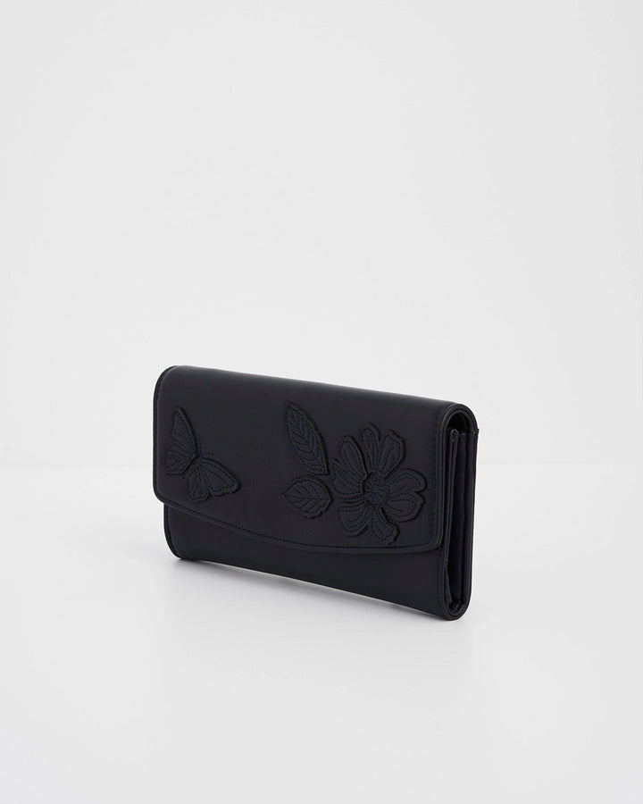 Floral Applique Long Wallet in Navy