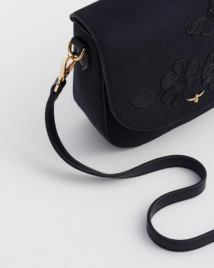 Beth Floral Applique Saddle Bag in Navy Suedette