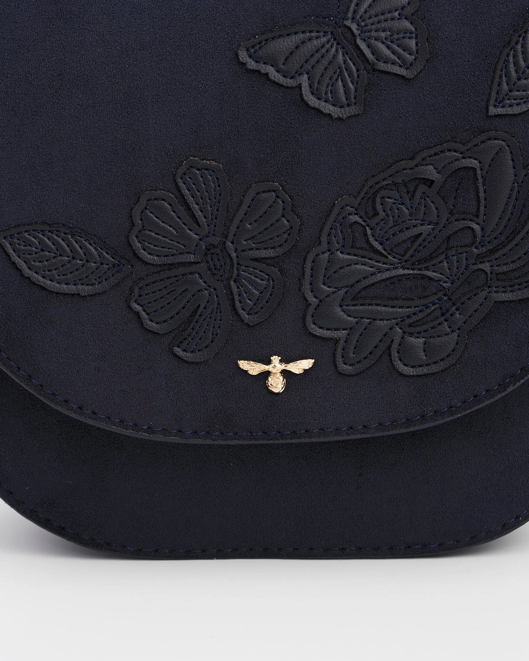 Beth Floral Applique Saddle Bag in Navy Suedette
