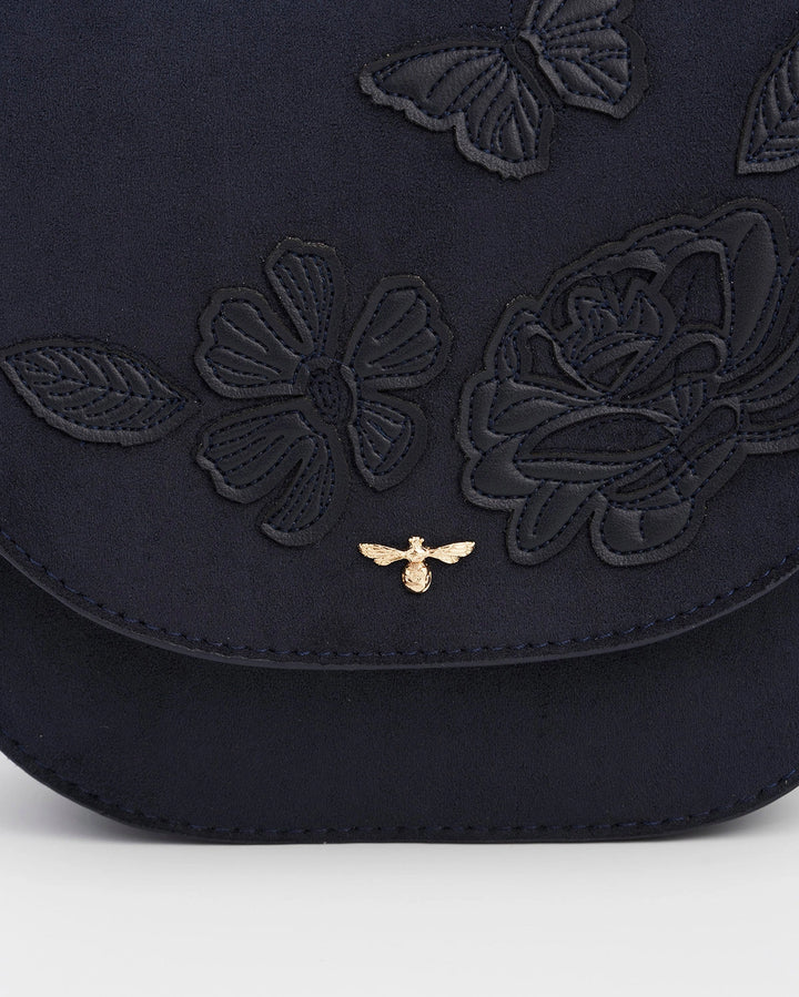 Beth Floral Applique Saddle Bag in Navy Suedette