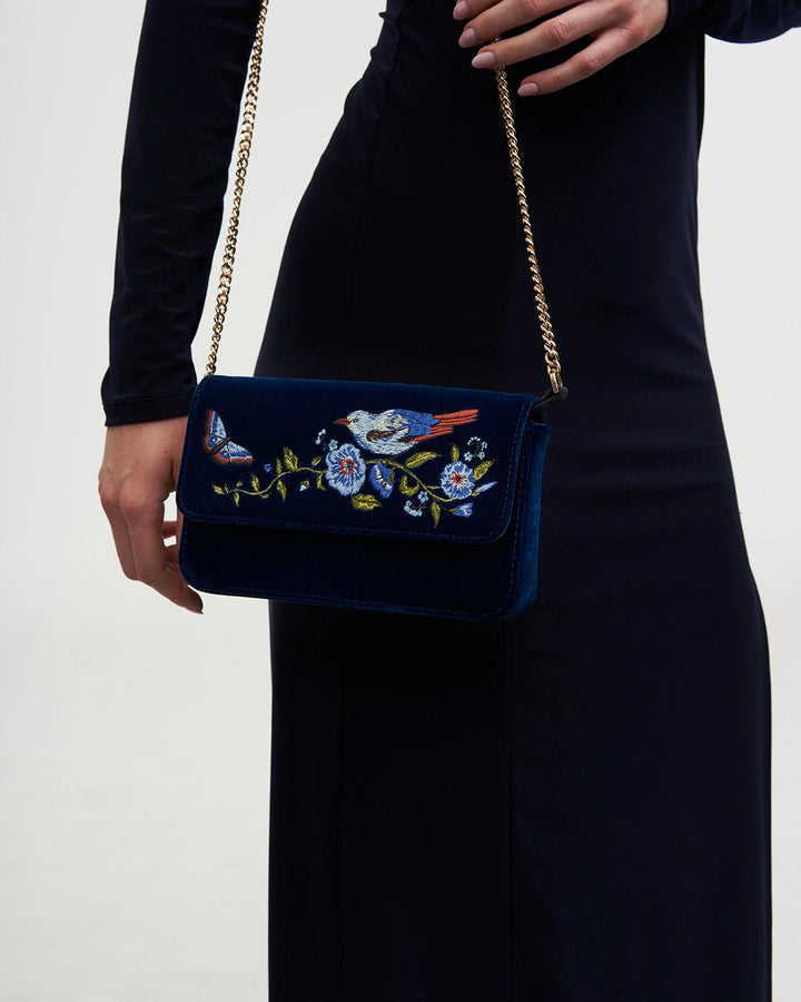 Sophia Nightingale Embroidered Clutch in Sapphire Velvet