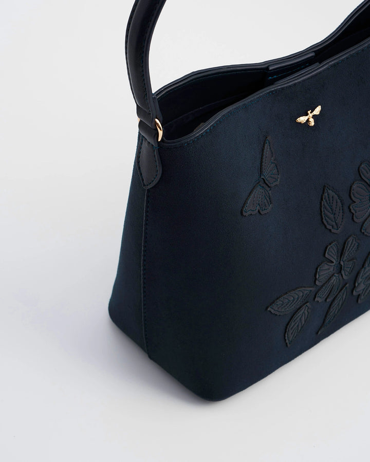 Margot Floral Applique Bucket Purse in Navy Suede
