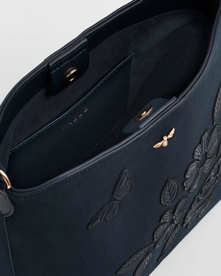 Margot Floral Applique Bucket Purse in Navy Suede