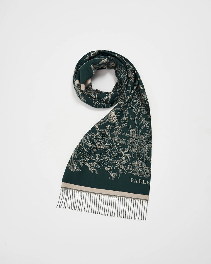Midnight Garden Long Jacquard Scarf in Green