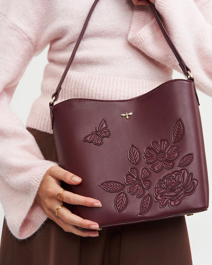 Floral Applique Margot Bucket Purse in Burgundy