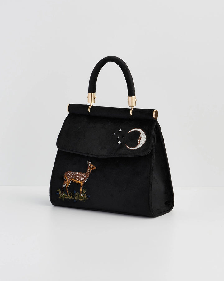Fable Deer & Moon Embroidered Black Velvet Tote